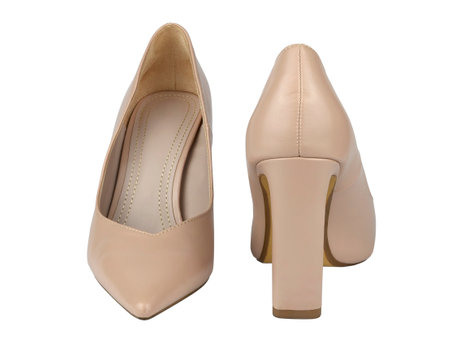 Beige, nude look, leather shoes with high heels - isolated from backgroundの写真素材