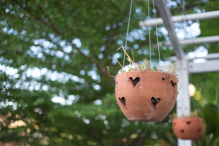 Hanging flowerpot with leaf bokeh backgroundの写真素材