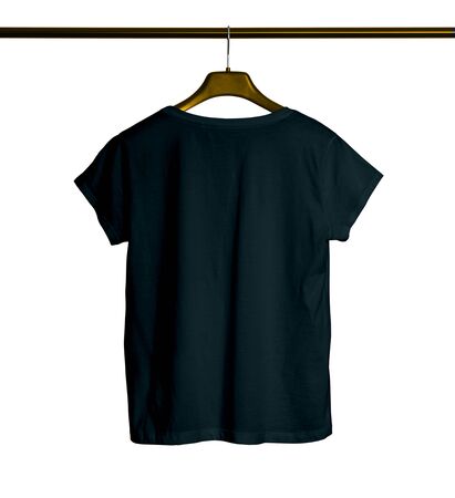 Showcase your awesome design or logo with this Back View Short Sleeves Female TShirt Mock Up With Hanger In Royal Black Color.の写真素材