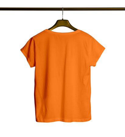 Showcase your awesome design or logo with this Back View Short Sleeves Female TShirt Mock Up With Hanger In Turmeric Powder Color.の写真素材