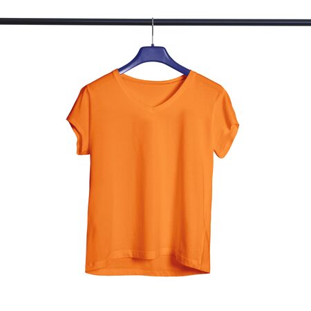 Get more beauty to your design by using this Short Sleeves V Neck Tshirt Mock Up For Female With Hanger In Turmeric Powder Color.の写真素材