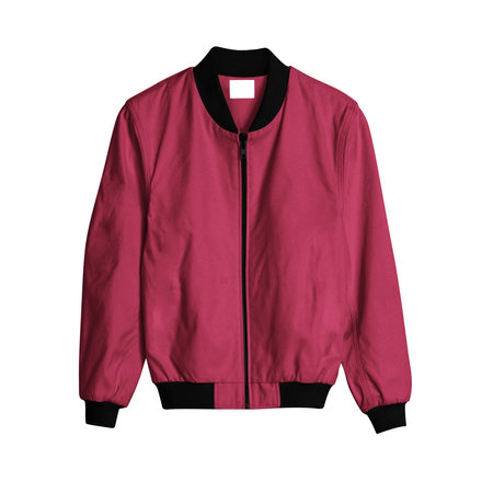 A Front View Bomber Jacket Mockup In Red Bud Color, for creating a gorgeous and believable Hoodie templateの写真素材