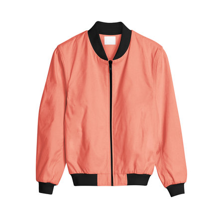 A Front View Bomber Jacket Mockup In Camellia Orange Color, for creating a gorgeous and believable Hoodie templateの写真素材