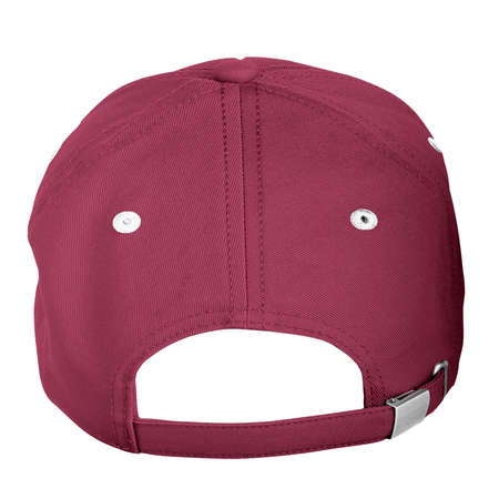 Use this Back View Strapback Cap Mockup In Red Bud Color, is a simple and modern blank template.の写真素材