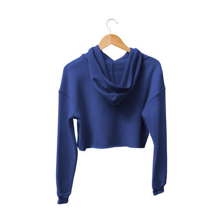 Get this Back View Attractive Crop Top Hoodie Mockup In Deep Ultramarine Color With Hanger,  to finish your design process, for even more beautiful resultsの写真素材