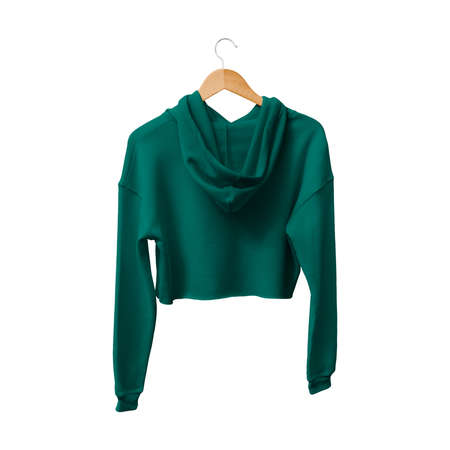 Get this Back View Attractive Crop Top Hoodie Mockup In Alpine Green Color  With Hanger,  to finish your design process, for even more beautiful resultsの写真素材