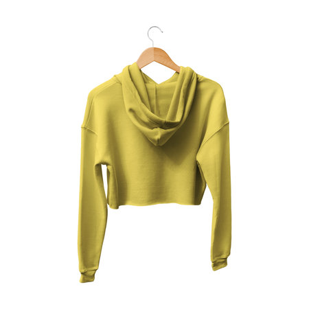Get this Back View Attractive Crop Top Hoodie Mockup In Lemon Zest Color With Hanger,  to finish your design process, for even more beautiful resultsの写真素材