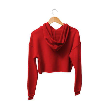 Get this Back View Attractive Crop Top Hoodie Mockup In Fiery Red Color With Hanger,  to finish your design process, for even more beautiful resultsの写真素材
