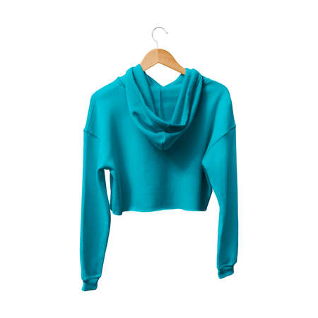 Get this Back View Attractive Crop Top Hoodie Mockup In Blue Atoll Color With Hanger,  to finish your design process, for even more beautiful resultsの写真素材