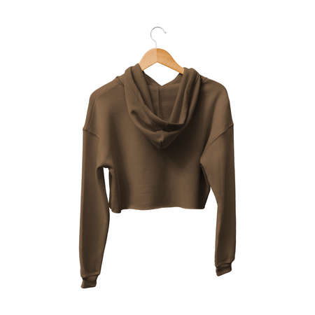 Get this Back View Attractive Crop Top Hoodie Mockup In Sepia Brown Color  With Hanger,  to finish your design process, for even more beautiful resultsの写真素材