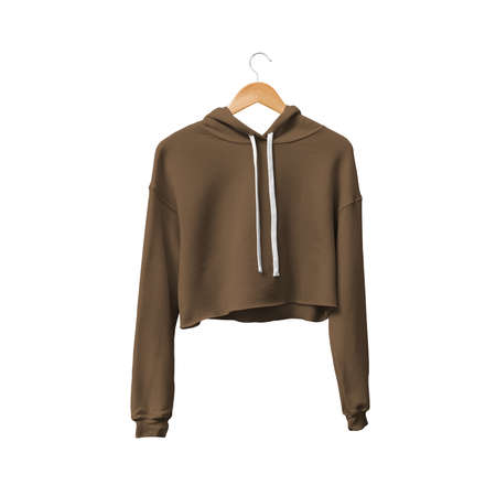 You do not have to be a designer, to make a lovely mockup, If you use this Front View Attractive Crop Top Hoodie Mockup In Sepia Brown Color With Hanger.の写真素材