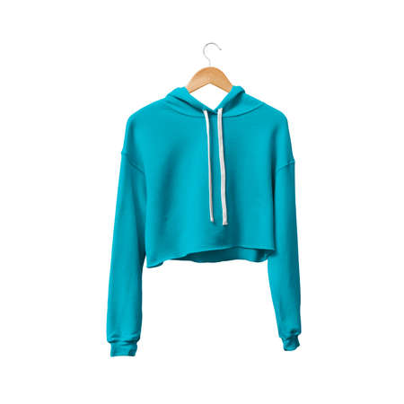You do not have to be a designer, to make a lovely mockup, If you use this Front View Attractive Crop Top Hoodie Mockup In Blue Atoll Color With Hanger.の写真素材
