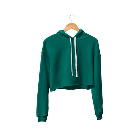You do not have to be a designer, to make a lovely mockup, If you use this Front View Attractive Crop Top Hoodie Mockup In Alpine Green Color With Hanger.の写真素材