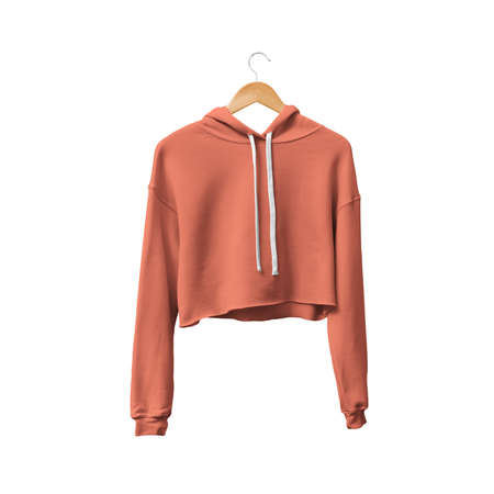 You do not have to be a designer, to make a lovely mockup, If you use this Front View Attractive Crop Top Hoodie Mockup In Camellia Orange Color With Hanger.の写真素材