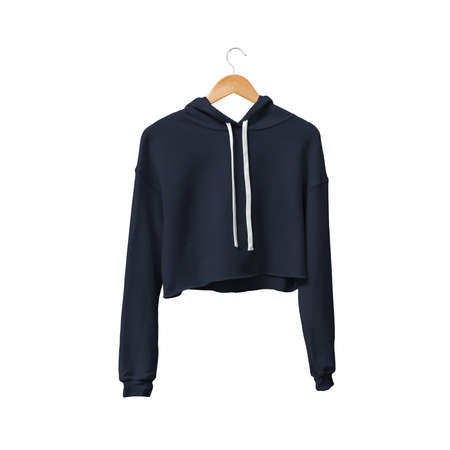 You do not have to be a designer, to make a lovely mockup, If you use this Front View Attractive Crop Top Hoodie Mockup In Dark Sapphire Color With Hanger.の写真素材