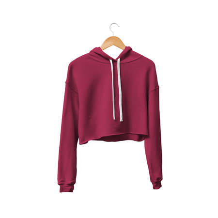 You do not have to be a designer, to make a lovely mockup, If you use this Front View Attractive Crop Top Hoodie Mockup In Red Bud Color With Hanger.の写真素材
