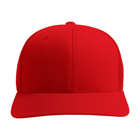 Showcase your designs like a graphic design pro by adding your own design to this Front View Magnificent Cap Mockup In Flame Scarlet Color templates.の写真素材