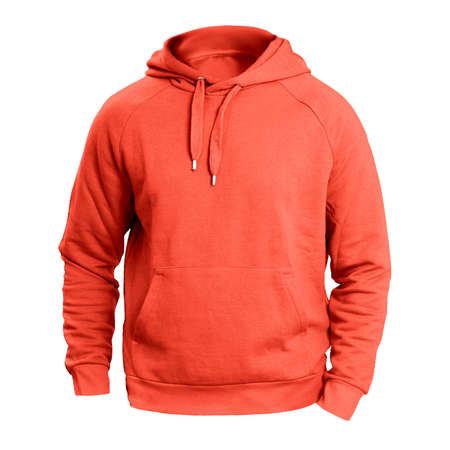 This Front View Fresh Man Hoodie Mockup In Persimmon Orange Color, will create a perfect scene to bring your designs to life.の写真素材