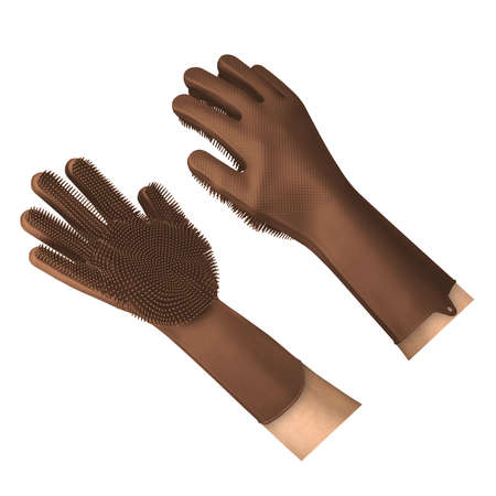 Use this Awesome Silicone Cleaning Gloves Mockup In Royal Brown Color, is a simple and modern blank template.の写真素材