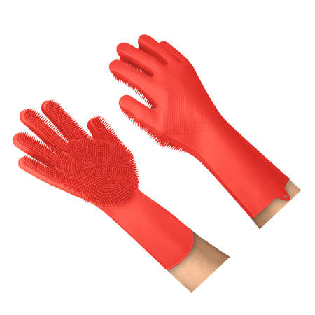 Use this Awesome Silicone Cleaning Gloves Mockup In Living Coral Color, is a simple and modern blank template.の写真素材
