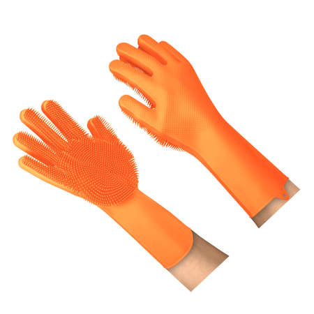 Use this Awesome Silicone Cleaning Gloves Mockup In Turmeric Powder Color, is a simple and modern blank template.の写真素材