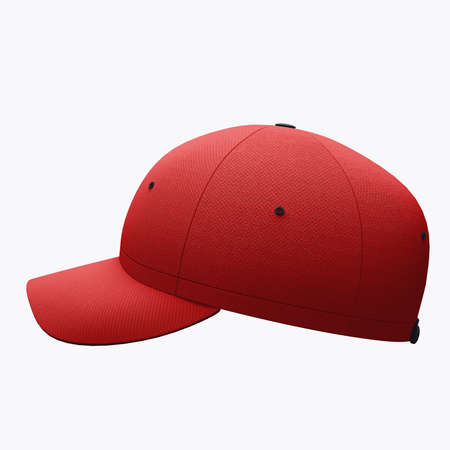A Side View Excellent Baseball Hat Mockup In Racing Red Color, to make a beautiful and trustworthy Hat template.の写真素材
