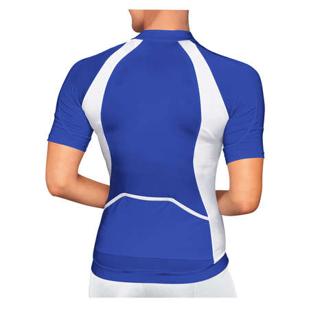 A blank Back View Beauty Woman Jersey Mockup In Dazzling Blue Color, to shows your designs as a graphic design professional.の写真素材