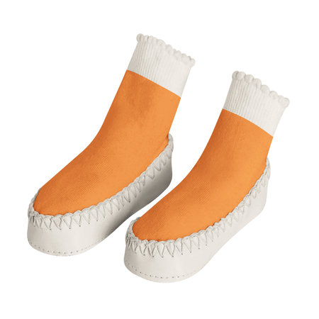 Use this blank Side View Sweet Baby Non Slip Socks Mockup In Iceland Poppy Color to make your design becomes more luxurious.の写真素材