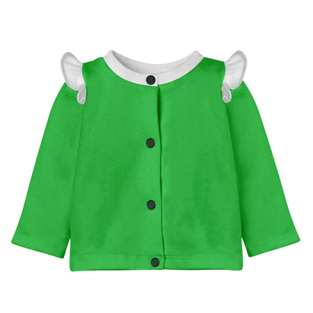 Add your logo design into this Cute Baby Cardigan Mockup In Classic Green Color With Flounces as much as you like, you can customize everything you like.の写真素材