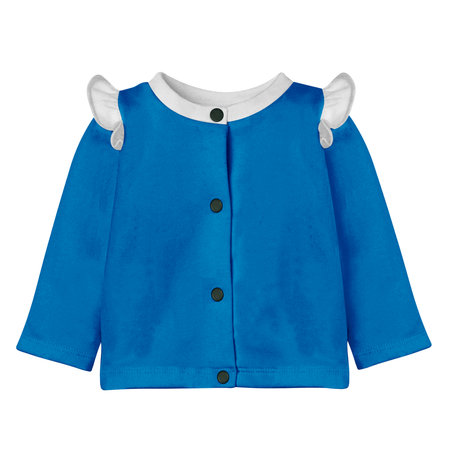 Add your logo design into this Cute Baby Cardigan Mockup In Brilliant Blue Color With Flounces as much as you like, you can customize everything you like.の写真素材