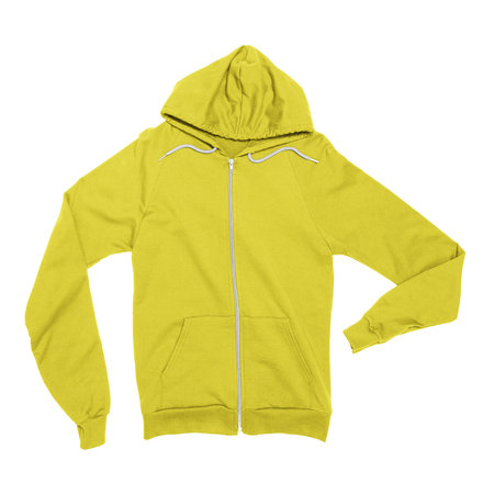 Instantly create beautiful images for your designs, with this Front View Stylish Zip Up Sweatshirt Mockup In Blazing Yellow Color.の写真素材