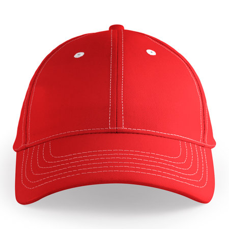 An empty, Front View Stylish Sport Hat Mockup In Red Lollipop Color, to help your design easier and more beautiful.の写真素材