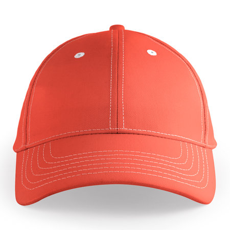 An empty, Front View Stylish Sport Hat Mockup In Persimmon Orange Color, to help your design easier and more beautiful.の写真素材