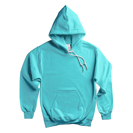Paste your brand logo into this Popular Hoodie Mockup In Angel Blue Color and everything will look more real.の写真素材