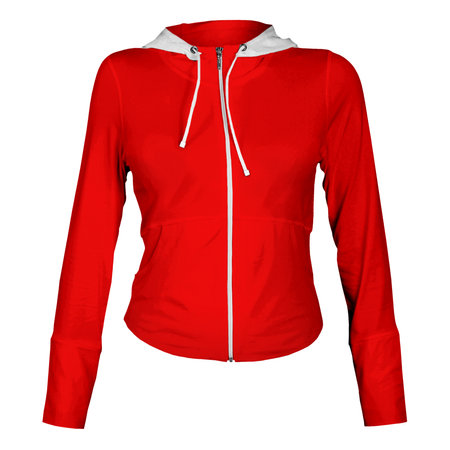Make your fantastic design or logo artistic with this Popular Female Zp Up Hoodie Mockup In Empire Red Color.の写真素材