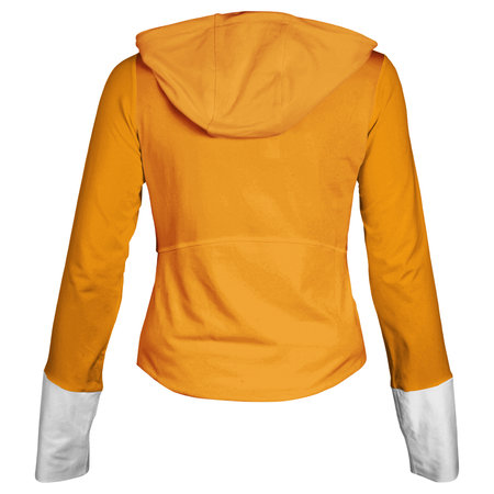 This Back View Awesome Female Zip Up Sweatshirt Mockup In Flame Orange Color, can help you to implement your extraordinary designs.の写真素材