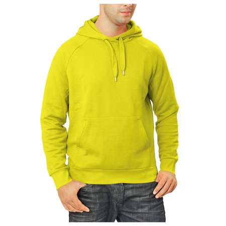 With simple multiple clicks, you may visualize your designs on this Front View Awesome Man Hoodie Mockup In Pure Sunshine Color.の写真素材