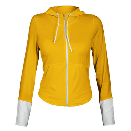 Make your design and logo more real with this Front View Awesome Female Zip Up Sweatshirt Mockup In Flame Orange Color.の写真素材
