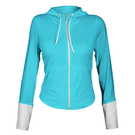 Make your design and logo more real with this Front View Awesome Female Zip Up Sweatshirt Mockup In Silverpine Cyan Color.の写真素材