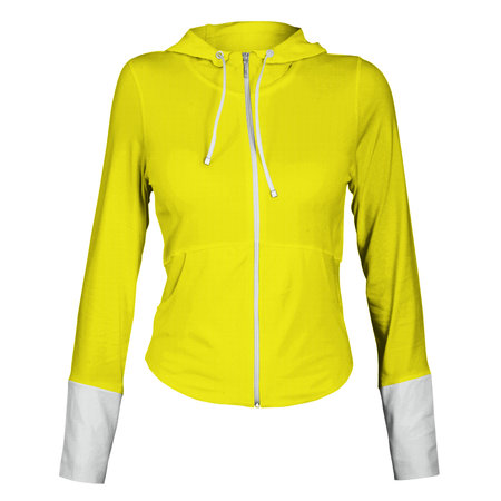 Make your design and logo more real with this Front View Awesome Female Zip Up Sweatshirt Mockup In Pure Sunshine Color.の写真素材