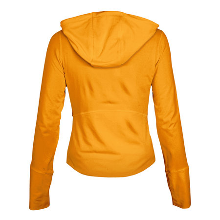 A high resolution Back View Wonderful Female Hoodie Mockup In Flame Orange Color to help you present your design ideas beautifully.の写真素材