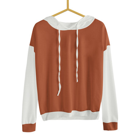Just drop your picture in this Front View Simple Female Hoodie Mockup In Brown Alpaca Color With Hanger, and it's ready for your design.の写真素材