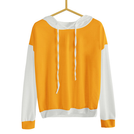 Just drop your picture in this Front View Simple Female Hoodie Mockup In Flame Orange Color With Hanger, and it's ready for your design.の写真素材