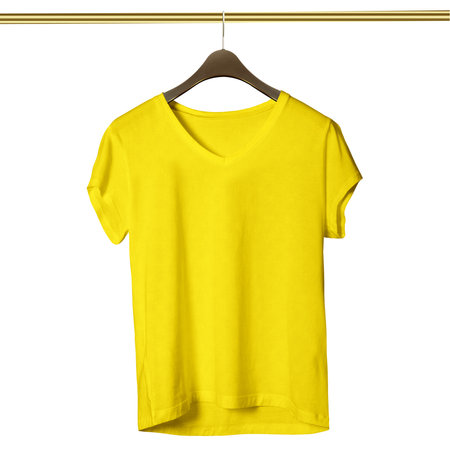 Make your design ideas faster and more beautiful with this Amazing V Neck T Shirt Mockup In Golden Kiwi Color With Hanger.の写真素材