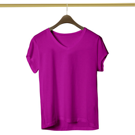 Make your design ideas faster and more beautiful with this Amazing V Neck T Shirt Mockup In Striking Purple Color With Hanger.の写真素材