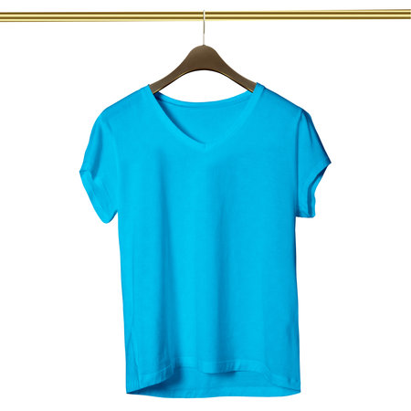 Make your design ideas faster and more beautiful with this Amazing V Neck T Shirt Mockup In Peacock Blue Color With Hanger.の写真素材