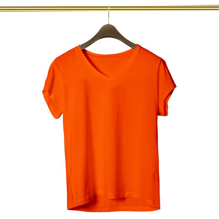Make your design ideas faster and more beautiful with this Amazing V Neck T Shirt Mockup In Orange Tiger Color With Hanger.の写真素材