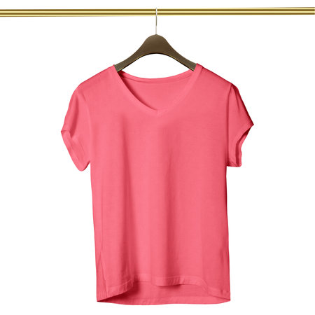 Make your design ideas faster and more beautiful with this Amazing V Neck T Shirt Mockup In Geranium Pink Color With Hanger.の写真素材