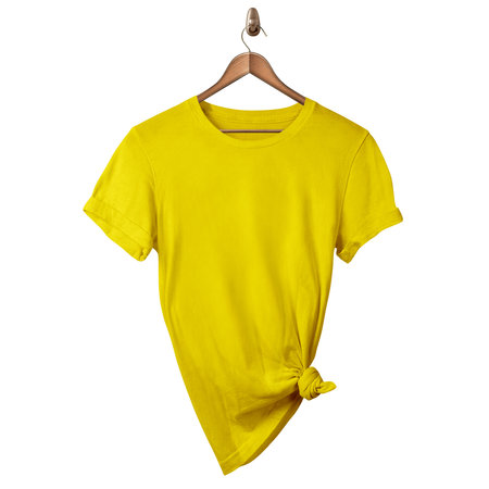 A blank Classical Kid T Shirt Mockup In Golden Kiwi Color On Hanger, to shows your designs as a graphic design professional.の写真素材