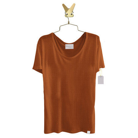This Front View Beauty Loose T Shirt Mockup In Brown Alpaca Color On Hanger, will help you to apply your logo or brand design more quickly.の写真素材